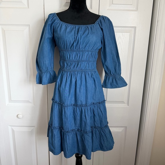 Speed Limit MPH Dress Womens S Blue Chambray Smocked Tiered Ruffle Boho Cottage - Picture 4 of 15